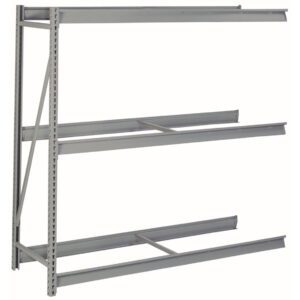 Gray metal shelving unit with three horizontal beams and vertical supports on the left side. The frame is open and lacks any shelves. It is designed for heavy-duty storage, typically used in industrial or warehouse settings.