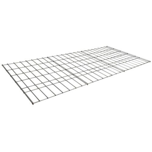 lyon-galvanized-flat-wire-decking.jpg A rectangular metal grid with evenly spaced horizontal and vertical bars lies flat on a white background, resembling the structure of wire mesh cages.