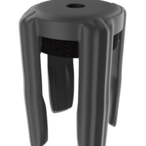 The Visiontron Sign Frame Adapter Cone is a black cylindrical object with four vertical grooved extensions, a circular hole on top, and a textured midsection band, combining sleek design with functionality.