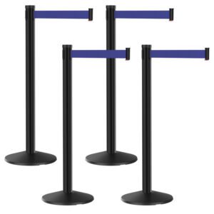 Four Visiontron 300 Series Crowd Control Stanchions with blue 10 belts are in a staggered formation. Ideal for line management, these round-based stanchions from the Visiontron 300 Series bundle connect seamlessly for efficient crowd control.