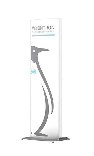 premium-versa-stand-tower-silver-branded-22x72-1.jpg The Visiontron Versa-Stand Sign Tower, featuring a vertical design, displays a penguin illustration in profile with a blue bow tie. The phrase VISIONTRON. The People Guidance Pros. adorns the top, and its white and transparent design provides modern appeal.