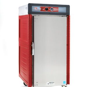 The Metro C548-ASFS-UA C5 4 Series Insulated Holding Cabinet offers a 5/6 height in red/silver, featuring universal wire slides, a full-length solid door on wheels with a side handle and top control dials, perfect for catering or food service.