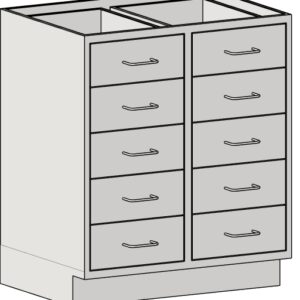 Illustration of an Eagle MHC Base Unit featuring a gray, standing height 22X30 double-column cabinet with ten drawers, each with a curved handle. The unit has an open framework and no top surface.