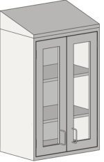 The Eagle MHC Wall Cabinet, 16X48, features two glass doors with metal handles, showcasing three shelves through its transparent front. Crafted from wood-like material, it includes an elegantly angled top.
