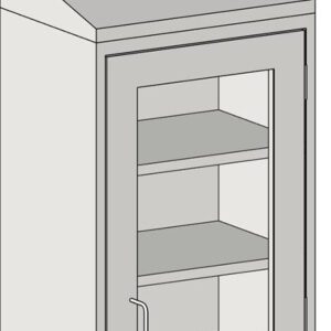 The Eagle MHC Wall Cabinet, Rh Door, Glass Insert, 13X18, features a sleek gray finish with a right-side handle. It includes two shelves and elegantly rests on any flat surface.
