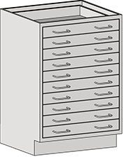 The Eagle MHC Base Unit is a stylish, gray storage solution featuring 10 drawers with metal handles. Measuring 22X18, it has an open top for versatile use and maintains a minimalist aesthetic against a white background.