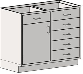 This Eagle MHC Base Unit features a dual-sink light gray cabinet. It includes an Lh Door_Drawer on the left for sink access and four vertically stacked drawers with handles on the right, all built at stand height for ergonomic convenience and style.