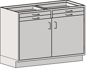 This illustration showcases the Eagle MHC Base Unit, 2 Door_Drawer with Stand Ht. It includes two top drawers, two doors with simple handles, a neutral gray finish, and measures 22X30 for versatile space-saving efficiency.