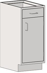 Illustration of the Eagle MHC Base Unit, a gray and white 22X18 rectangular cabinet with a pull-out drawer and door below, both featuring metal handles. Designed for optimal standing height use, it stands on a solid base.