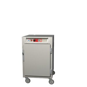 The Metro C565-SFS-U, a 1/2 height insulated reach-in holding cabinet, features a full-length solid door and universal wire slides. It includes wheels, a top handle, and a control panel with buttons and a dial. This versatile 120V cart stands against a white background.