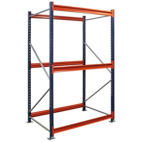 01-bulk-rack-starter600-600.jpg A freestanding industrial metal shelving unit with orange beams and dark gray vertical supports. Designed as a heavy-duty parts storage solution, this rack offers two levels for storing items, ideal for warehouses or customizable shelving solutions tailored to your needs.
