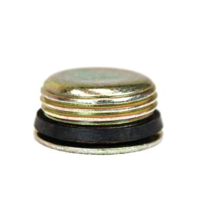A Justrite Plug for F/Drain Can & Rinse Tank is showcased on a white background. This round, metallic plug has a shiny, smooth surface with visible side grooves and includes a black rubber gasket.