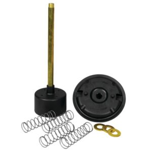 An upright metal rod with a cylindrical base stands next to a round black disc, resembling the sturdy Justrite Cover. Coiled springs and flat gold washers are meticulously arranged, reminiscent of elements for an F/Plunger Can, against a plain white backdrop.