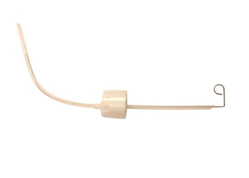 A beige plastic security tag with a hook end resembles the Justrite Tip-Tube-& Cap Assy-- 14009. It showcases a cylindrical locking mechanism, all set against a plain white background, designed to deter theft.
