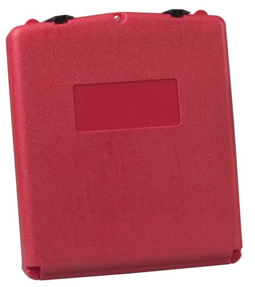 A red, rectangular Justrite Doc Box, Large Front Open (Cs/10), with a blank center label area and two black top latches, stands upright against a white background.