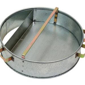 Introducing the Justrite Basket F/Dip27608 & Wash27716, a round metal sifter with a perforated mesh bottom, divided by a central metal partition and featuring two side handles for easy dip sifting and washing.