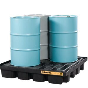 Two blue and one grey industrial barrels rest on a black Justrite Pallet F/Drmshd, 4 Drm, Eco Bk. Labeled Justrite, its designed for efficient storage or transport of liquids and chemicals.