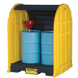 The yellow plastic Justrite Drumshed W/Pllt, 2 Drm, Ecoply features an open front design for two blue barrels (one with a red funnel) on a sturdy black base, showcasing the durable Justrite brand.