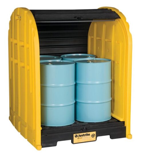A Justrite Drumshed W/Pllt, 4 Drm, Ecoply with a black interior holds three blue metal drums. Its open front displays the contents and the Justrite logo, offering a perfect blend of functionality and robust design for secure storage needs.