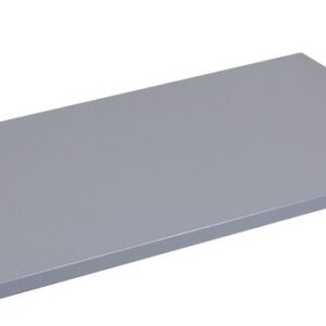 The Justrite Shelf Splslp, Chemcor 23G, is a gray rectangular metal shelf with smooth edges viewed from a slight angle, adding a sleek touch to any space.
