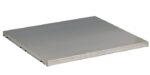 The Justrite Shelf Splslp, 60G/34W, is displayed at a slight angle. With its smooth metallic gray finish, it looks flat and thin against the plain white background.