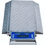 A digital weighing scale with a rectangular platform and a blue control panel is displayed, ideal for the Mining and Gas industry. The panel features buttons and a digital screen for accurate measurements. The scale boasts a metallic surface and compact design, perfect for industrial settings.
