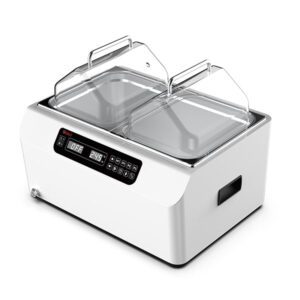 The MH-USA 24 Liter Water Bath features a white sous vide cooker with a digital display, two transparent lids, and sturdy side handles. Its white painted exterior and stainless steel basin ensure durability, while control buttons simplify adjusting settings, temperature, and cooking time.