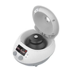 The MH-USA High Speed Centrifuge, with an open lid revealing the rotor inside, offers speeds from 500 to 15,000rpm. It has a digital display and two control knobs on the front panel. The white and gray casing contains a versatile 0.2/0.5/1.5/2ml x 12 Fixed Angle Rotor for varied applications.