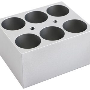 The MH-USA Dry Bath Block features a silver metallic design with six Φ29.0mm x 47.6mm cylindrical holes for conical tubes, arranged in two rows of three, plus two central threaded holes for securing 5 x 50ml vessels.