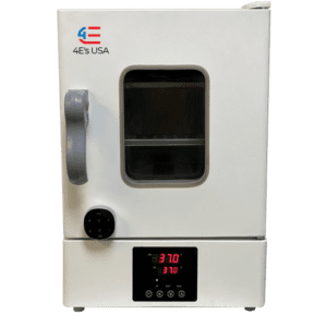 The MH-USA Benchtop Incubator with a digital lock features an 18L capacity, precise temperature control via a digital panel, a front glass window, large handle, and the 4Es USA logo on the top left.