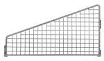 A Partition Wall Divider for pets, 10W x 6H, features an angled metal mesh design with a triangular grid pattern, chrome-plated finish, and clamps for attachment.