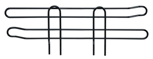 The Quantum Side Ledge is a black metal wire rack with a minimalist design, featuring two parallel bars, three vertical supports, rounded ends, and a size of 12D x 4H. It has a sleek side ledge finished in black epoxy antimicrobial coating for organizing items.