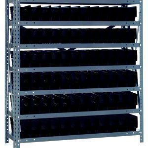 The Quantum Shelving Unit features seven 12D x 36L shelves with a 400 lb. load capacity each and comes with stable angled supports, galvanized steel finish, and includes 72 black bins (11-5/8L x 2-3/4W x 4H) for organized storage in any space.