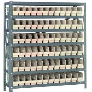 The Quantum Shelving Unit, 12D x 36L x 39H, heavy-duty and galvanized steel finish, includes seven shelves each with a 400 lb. load capacity and neatly aligns a total of seventy-two ivory black Qsb100 bins (11-5/8L x 2-3/4W x 4H) for efficient organization.