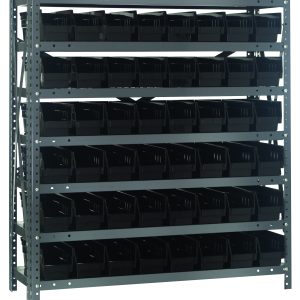 The Quantum Shelving Unit, measuring 12D x 36L x 39H, offers a heavy-duty design with seven shelves, each holding up to 400 lbs. Its equipped with galvanized steel finish and includes 48 black bins for organizing tools or hardware, perfect for workshops or garages.