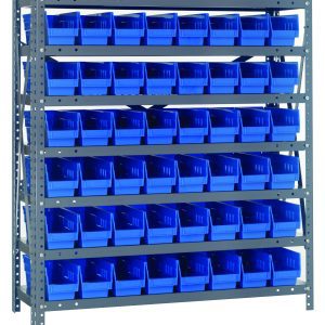 The Quantum Shelving Unit, measuring 12D x 36L x 39H, is a heavy-duty structure with seven shelves and includes forty-eight blue Qsb101 bins, perfect for organizing. With a galvanized steel finish and freestanding design, it offers ample storage against a clean white background.