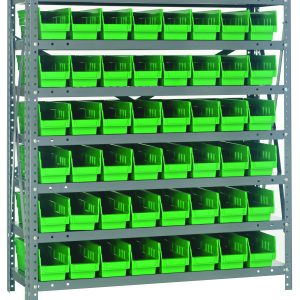 The Quantum Shelving Unit is a heavy-duty, galvanized steel rack, 12D x 36L x 39H, featuring seven shelves each with a 400 lb. load capacity. It includes 48 green QSB101 bins for efficient storage and easy access to items.