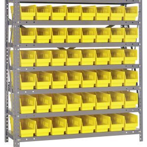 The Quantum Shelving Unit, measuring 12D x 36L x 39H, features a heavy-duty design with seven shelves and offers a load capacity of 400 lbs. per shelf. It includes galvanized steel uprights and crossbars and 48 yellow bins (11-5/8L x 4-1/8W x 4H) for superior organization.