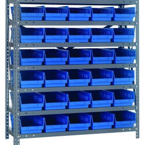 The Quantum Shelving Unit features a heavy-duty galvanized steel design, measuring 12D x 36L x 39H, with seven shelves and 30 blue QSB102 bins (11-5/8L x 6-5/8W x 4H), supporting up to 400 lbs per shelf for a neat and organized appearance.