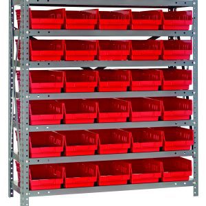 The Quantum Shelving Unit, measuring 12D x 36L x 39H, features seven heavy-duty shelves with a load capacity of 400 lbs each. It includes 48 red black bins (11-5/8L x 6-5/8W x 4H) for organized storage, all accessible from the front, supported by uprights and crossbars in galvanized steel.