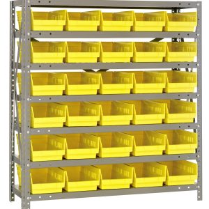 The Quantum Shelving Unit, 12D x 36L x 39H, boasts seven heavy-duty shelves with a 400 lb load capacity each. It includes 48 bright yellow bins (QSB102) for organized storage, seamlessly blending simplicity with robust functionality.