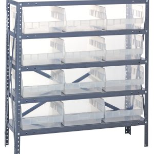 The Quantum Shelving Unit is a heavy-duty metal structure with five shelves and a 400 lb. load capacity per shelf, featuring twelve clear black bins (11-5/8L x 11-1/8W x 6H QSB209). It offers organized storage with easy visibility, supported by a durable dark gray frame. Dimensions: 12D x 36L x 39H.