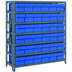 The Quantum Shelving Unit is a heavy-duty storage solution with seven shelves, each supporting up to 400 lbs. It includes 36 blue plastic bins and features a sturdy gray frame made of galvanized steel, perfect for industrial or garage use.