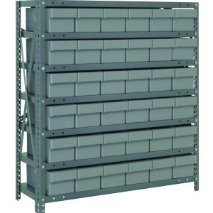 The Quantum Shelving Unit measures 12D x 36L x 39H and includes seven heavy-duty shelves with a load capacity of 400 lbs each. It comes with 36 clear black bins (11-5/8L x 5-9/16W x 4-5/8H) and features galvanized steel uprights and cross bars for robust support and organization.