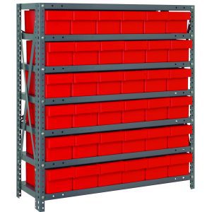 The Quantum Shelving Unit, measuring 12D x 36L x 39H, features a heavy-duty design with seven shelves and 36 red and black bins (11-5/8L x 5-9/16W x 4-5/8H) contrasting with the galvanized steel frame. Each shelf supports up to 400 lbs., ensuring durability and organization.