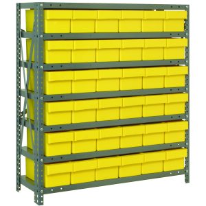 The Quantum Shelving Unit, measuring 12D x 36L x 39H, includes (7) shelves and (36) yellow black bins (11-5/8L x 5-9/16W x 4-5/8H QED601). Each shelf supports up to 400 lbs., offering organized storage with galvanized steel finish, uprights, and cross bars.