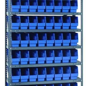 The Quantum Shelving Unit, measuring 12D x 36L x 75H, includes 10 shelves and holds up to 400 lbs per shelf. It features galvanized steel construction with uprights and cross bars. A total of 72 QSB201 blue plastic bins (11-5/8L x 4-1/8W x 6H) are organized within this efficient storage solution.