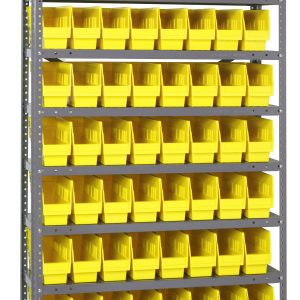 A tall Quantum Shelving Unit, 12D x 36L x 75H, features evenly spaced shelves supporting bright yellow QSB201 bins. Equipped with ten shelves and seventy-two bins, the galvanized steel structure ensures a perfectly organized look, each shelf holding up to 400 lbs.