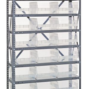 The Quantum Shelving Unit, measuring 12D x 36L x 75H with a heavy-duty galvanized steel finish, supports 400 lbs. per shelf and includes 10 shelves with (27) clear black bins (QSB209), each sized 11-5/8L x 11-1/8W x 6H, offering an organized and symmetrical storage solution.