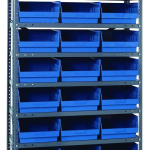 A Quantum Shelving Unit, 12D x 36L x 75H, features heavy-duty construction with a 400 lb. load capacity per shelf. It includes (10) shelves and (27) blue QSB209 bins (11-5/8L x 11-1/8W x 6H), arranged in rows on galvanized steel uprights and cross bars.